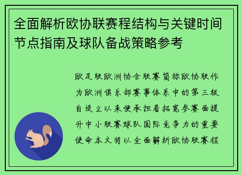 全面解析欧协联赛程结构与关键时间节点指南及球队备战策略参考