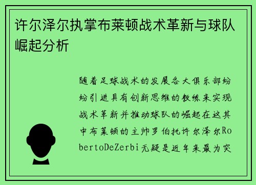 许尔泽尔执掌布莱顿战术革新与球队崛起分析